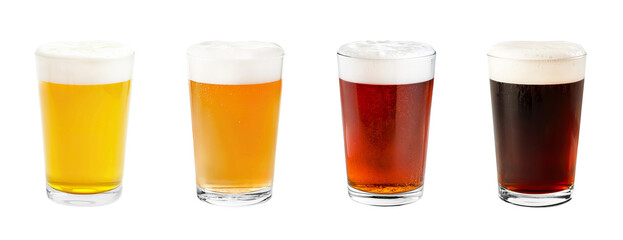 Lager, Pilsner, Pale, Bock, Porter Beer ale PNG set bundle, transparent isolated background. Alcoholic beverage In a shaker glass, craft bar menu bitter drink, colorful vibrant refreshing pint