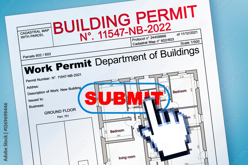 Poster submitting for a building permit concept with fictional building permit and submit icon web