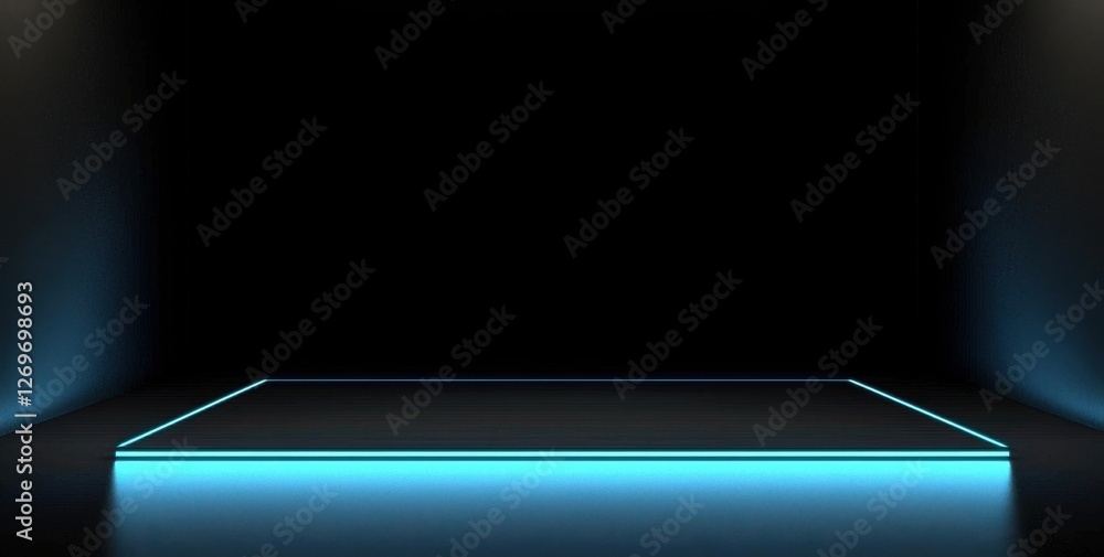 Poster bright blue illuminated platform in a darkened space creating a dramatic atmosphere for performance 