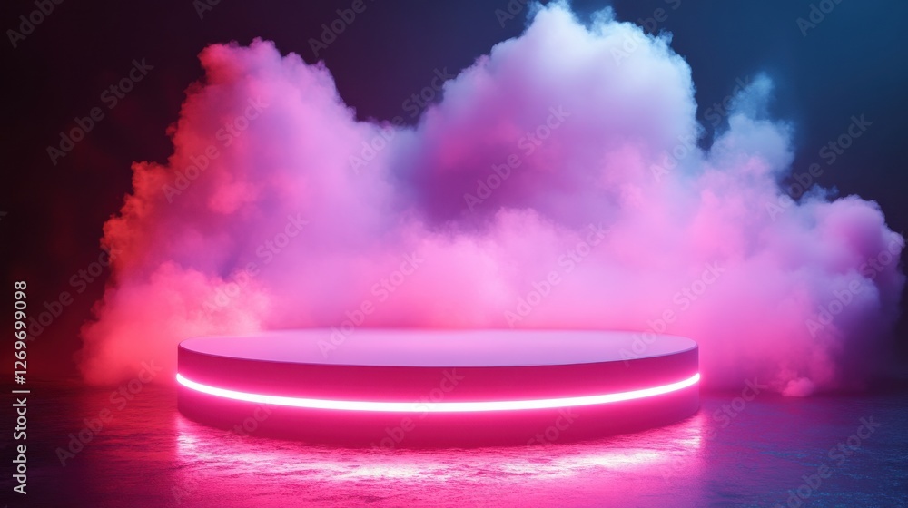 Poster stage surrounded by colorful fog during a vibrant performance at night creating an energetic atmosph