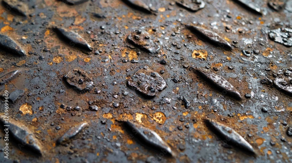 Poster macro view of metal sheet with dents and rusty texture details