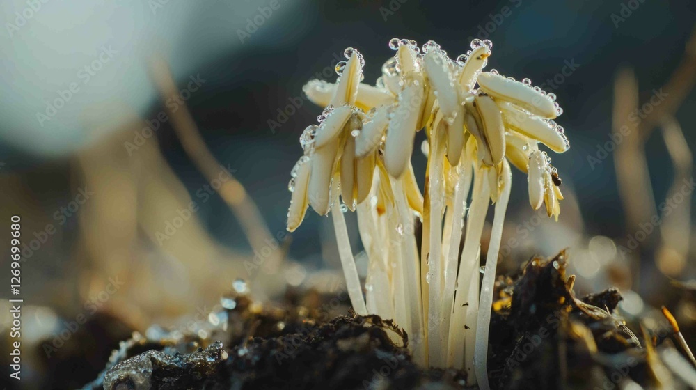 Aufkleber dew covered bean sprouts emerging in macro view at dawn