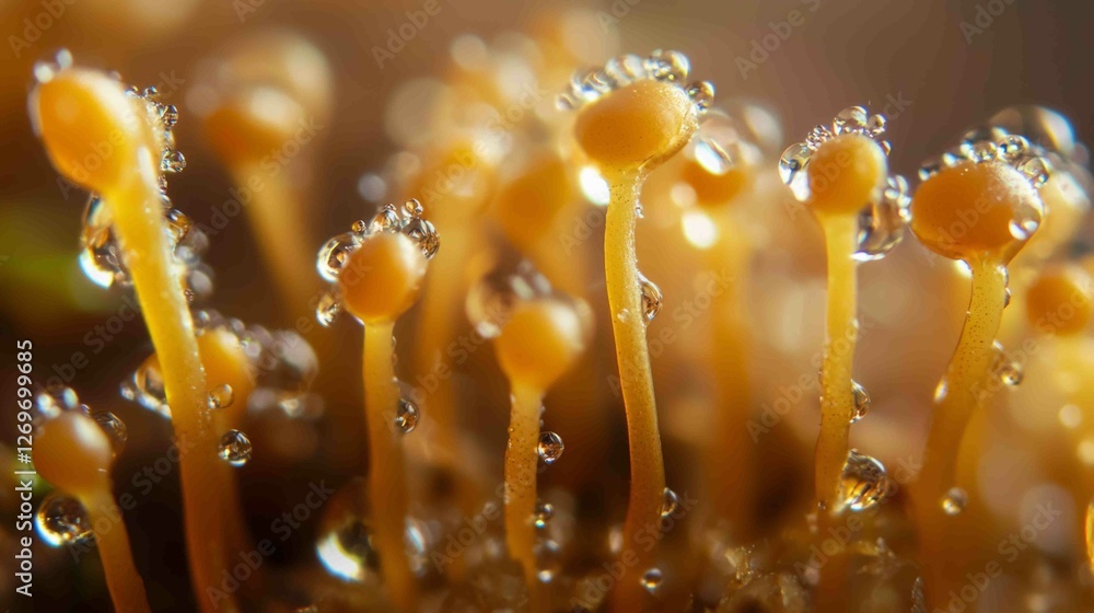 Poster macro view of dew covered bean sprouts emerging from soil