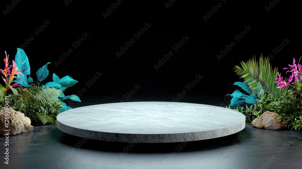 Poster circular platform surrounded by vibrant tropical plants on a dark background, creating a striking vi