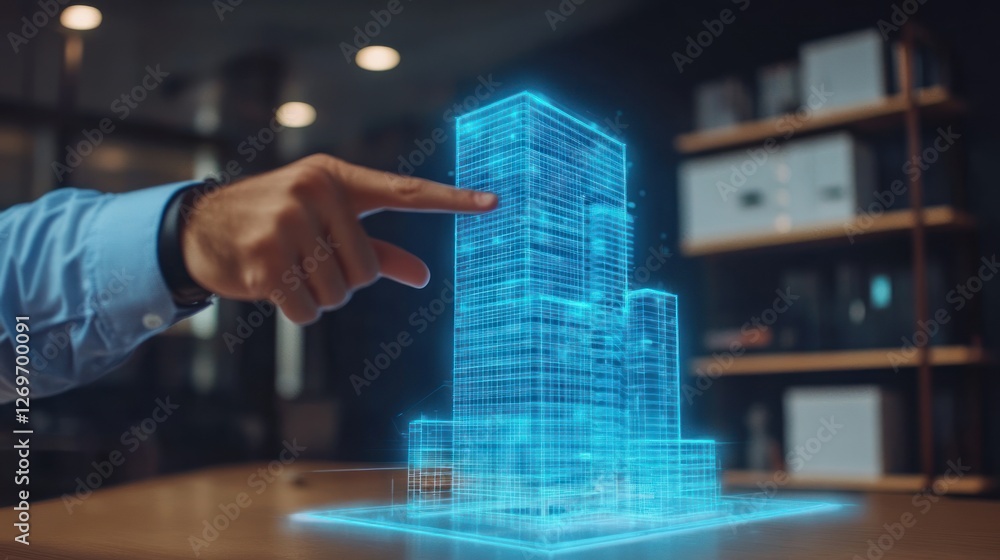 Aufkleber man interacts with holographic architectural model of modern building