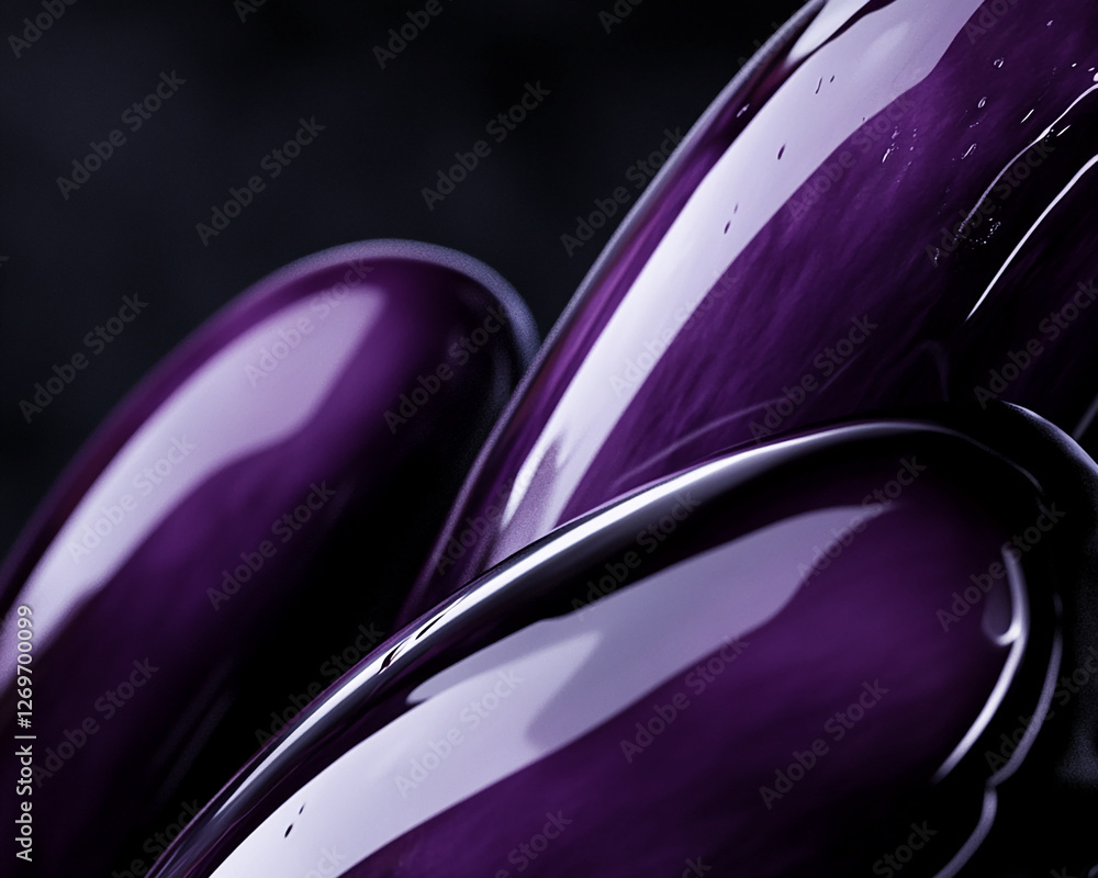 Poster close-up of shiny purple abstract curved shapes with water droplets on the surface, showcasing smoot