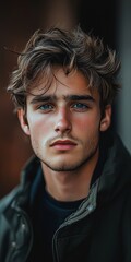 Obraz premium Young man with tousled hair poses confidently against a blurred background in a casual setting during the afternoon