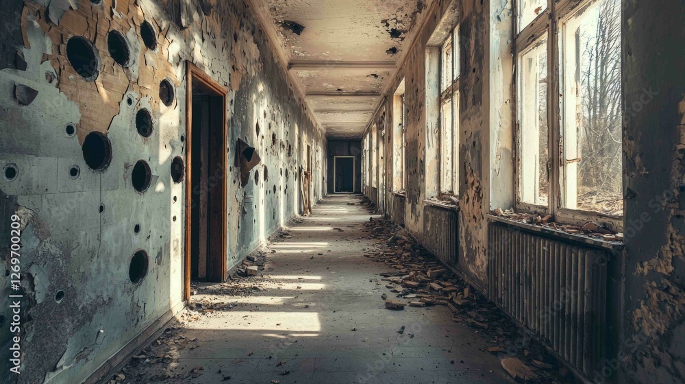 Aufkleber melancholic view of an empty corridor in abandoned building