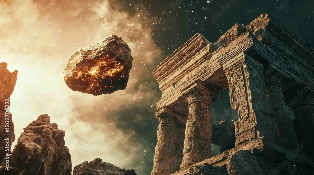 Poster ancient stone structure with meteorite suspended in space scene