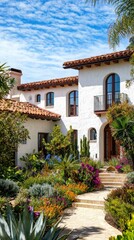 Fototapeta premium Beautiful Mediterranean Villa with Stucco Walls and Lush Gardens