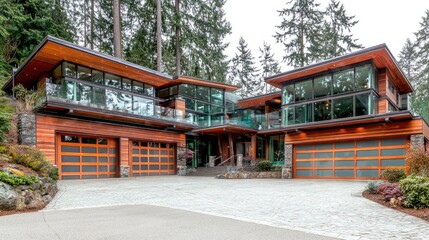 Fototapeta premium Modern home exterior. Lush greenery. Driveway leads up to a contemporary two-story house. Estate sale