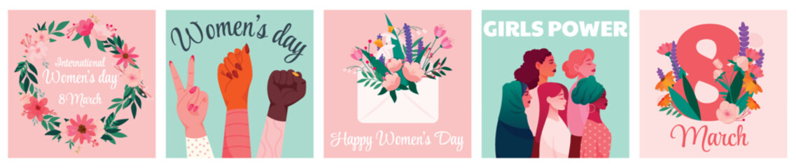 Woman with flowers. Bouquet letter and 8 form, wreath in vase on spring floral card, modern wish writing, activist placard. Cartoon flat illustration. Feminine community vector background