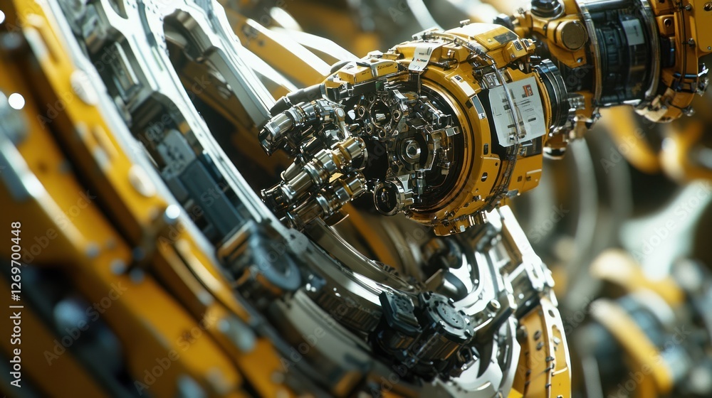 Poster a detailed closeup of a complex robotic arm mechanism