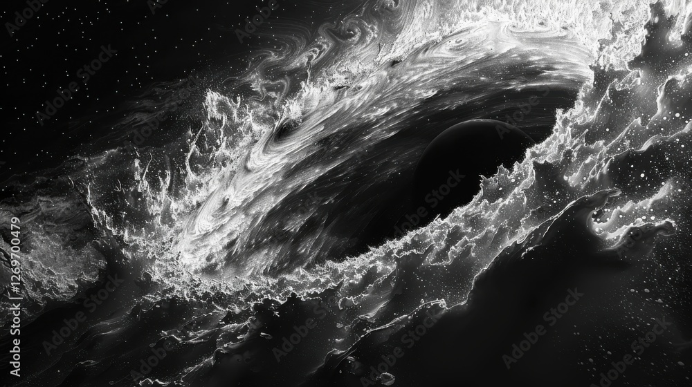 Poster stunning black and white abstract representation of science and cosmic phenomena with swirling patte