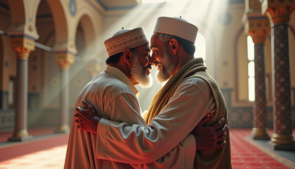  Elderly men embracing in a mosque with warm sunlight.

