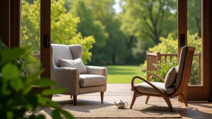 Fototapeta premium Sick person resting, Garden view plush armchair teapot