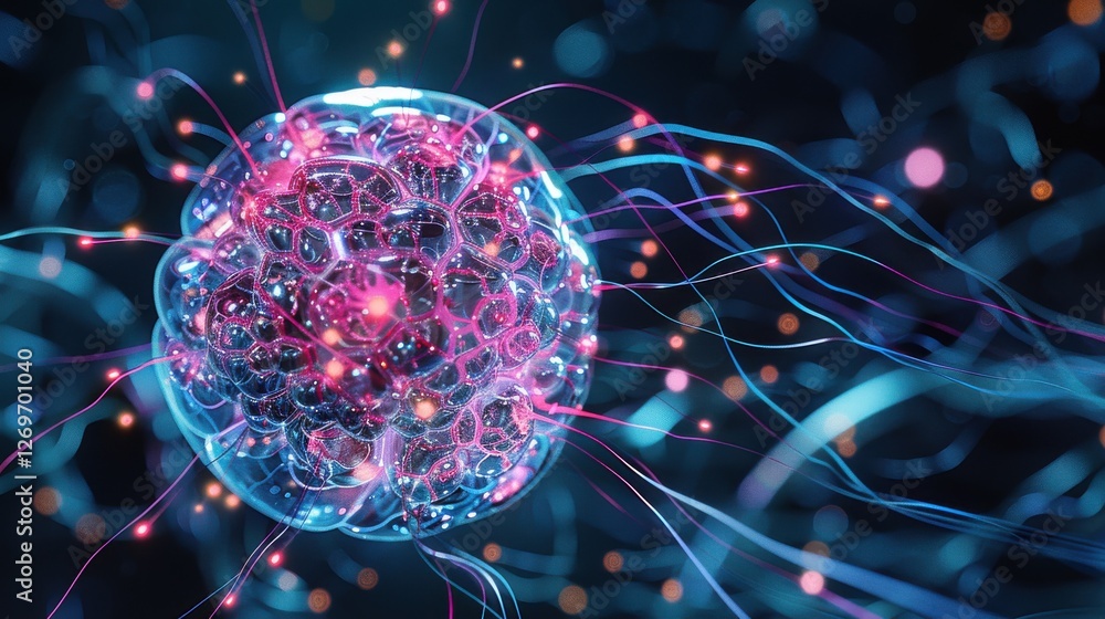 Poster intricate representation of a science cell with vibrant energy connections and luminous particles on