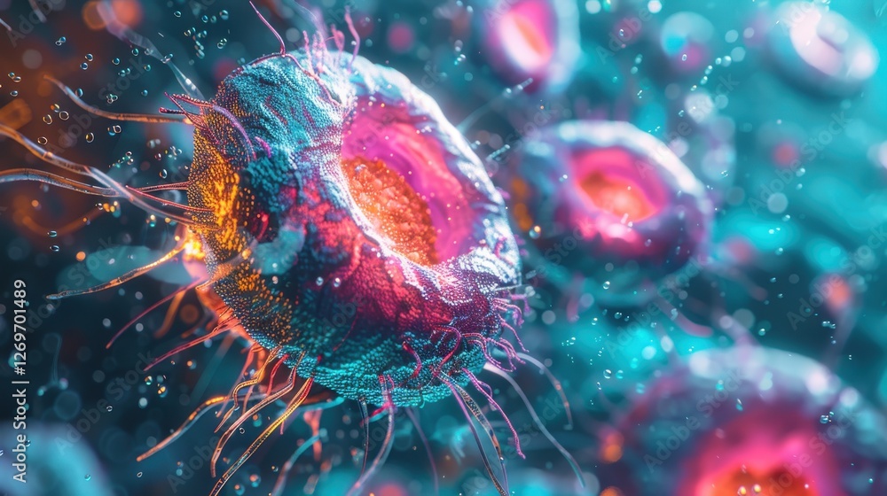Poster vibrant microscopic view of human cells with colorful structures and intricate details in a fluid en