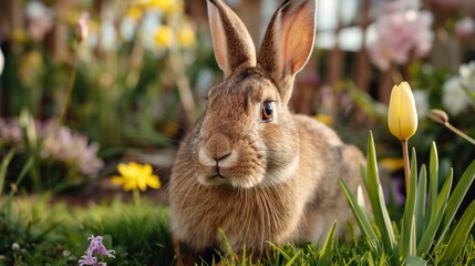 Obraz premium A friendly bunny sits in a lush garden, surrounded by blooming flowers, celebrating the joy of Easter in springtime beauty