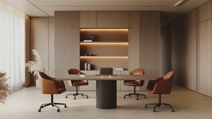 Modern minimalist office with warm neutral tones. Features a sleek rectangular wooden table with a dark cylindrical base, surrounded by four elegant burnt orange chairs creating a stylish and product.