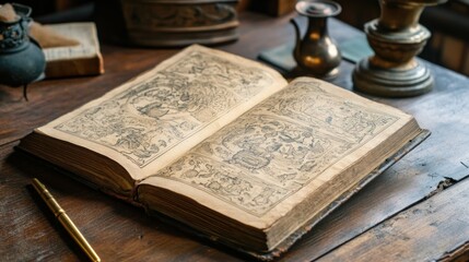Obraz premium Open antique book displaying intricate illustrations sits on wooden desk