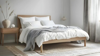 Minimal Bedroom Background with Wooden Bed, Gray Blanket, and Neutral Accents