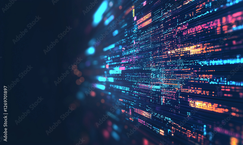 Aufkleber abstract digital illustration featuring vibrant lines and particles representing data flow.