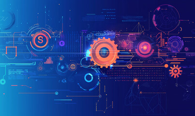 Obraz premium Abstract digital background featuring gears, graphs, and icons in vibrant colors.