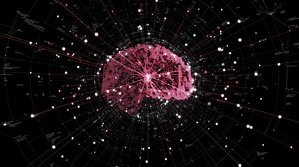 Digital neural network sphere with pink brain and white nodes on black background