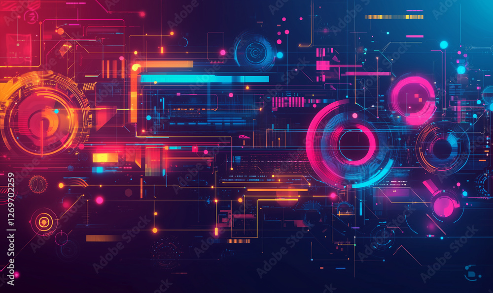 Poster abstract digital design with vibrant colors and geometric shapes, creating a futuristic aesthetic.