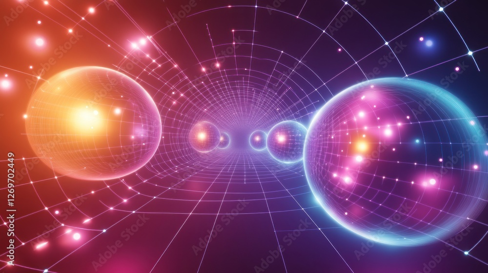 Poster glowing spheres within a networked tunnel of light