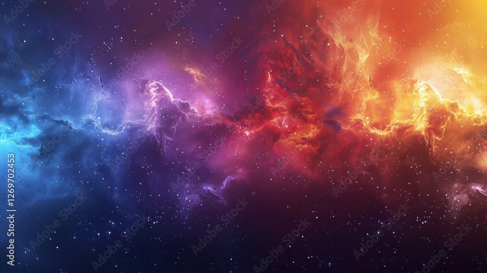 Poster vibrant cosmic nebula displaying colors of science and technology in deep space imagery