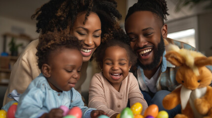 Black family members gather around to celebrate Easter, happily engaging in a lively egg hunt with bright, colored eggs