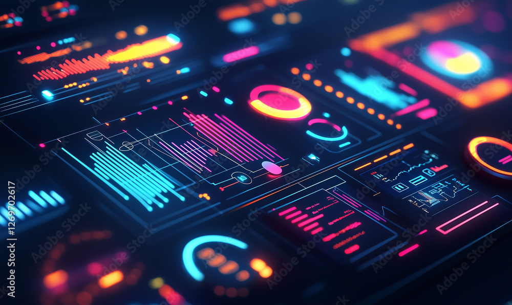 Aufkleber futuristic data dashboard with vibrant neon graphics and various analytical displays.