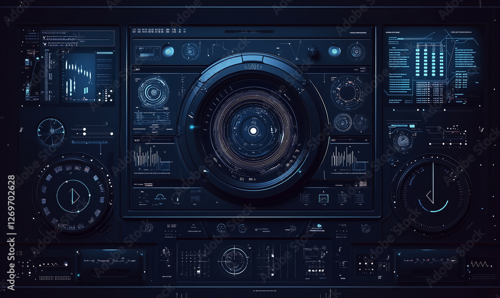Poster control panel with various knobs, dials, and a circular display in a dark, futuristic design.