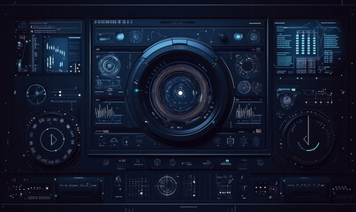 Obraz premium Control panel with various knobs, dials, and a circular display in a dark, futuristic design.