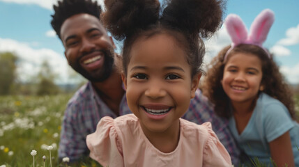 Fototapeta premium Multiracial kids play in a green field this Easter, smiling and wearing festive accessories while enjoying family time