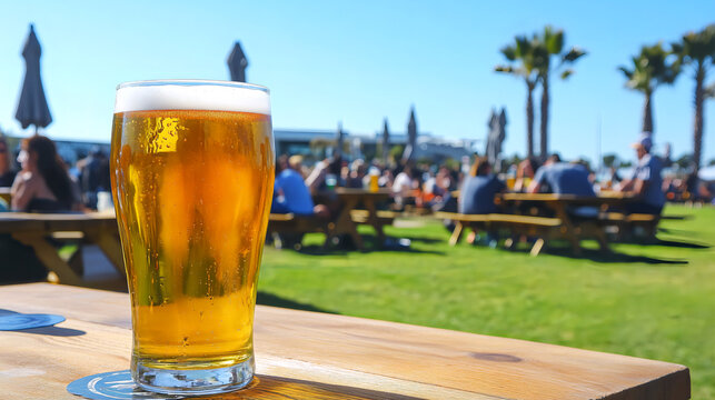 San Diego Beer Week, people relaxing in an open park under blue skies, local beers in sparkling glasses on wooden tables. AI generated Images.