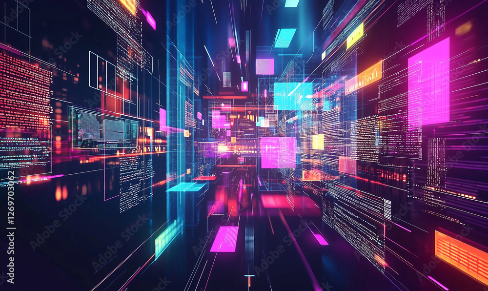 Poster vibrant abstract digital landscape with colorful glowing elements and data streams.