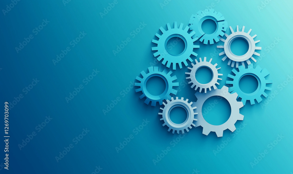 Poster blue gears arranged on a gradient background, symbolizing teamwork and engineering concepts.