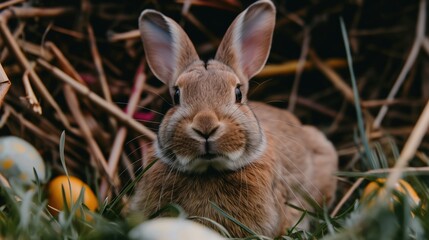 Fototapeta premium A cute bunny sits in a garden filled with brightly colored Easter eggs and lush green grass, capturing the spirit of spring