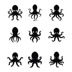 Set of black vector silhouettes of octopus in a seamless pattern design