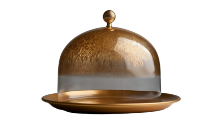Gold Glass Cake Dome Luxury Kitchen Decor, Shiny Server Stand for Food Displays, isolated on transparent background.