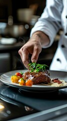 Modern Gourmet Chef Plating Meat Dish with Fresh Vegetable Garnish