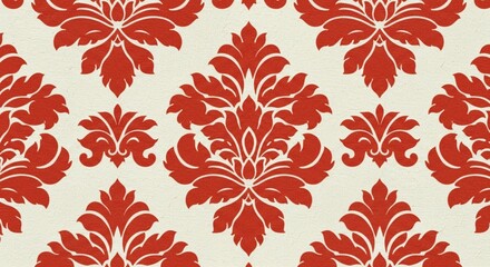 Vintage red and white wallpaper featuring a damask pattern on a retro white background.
