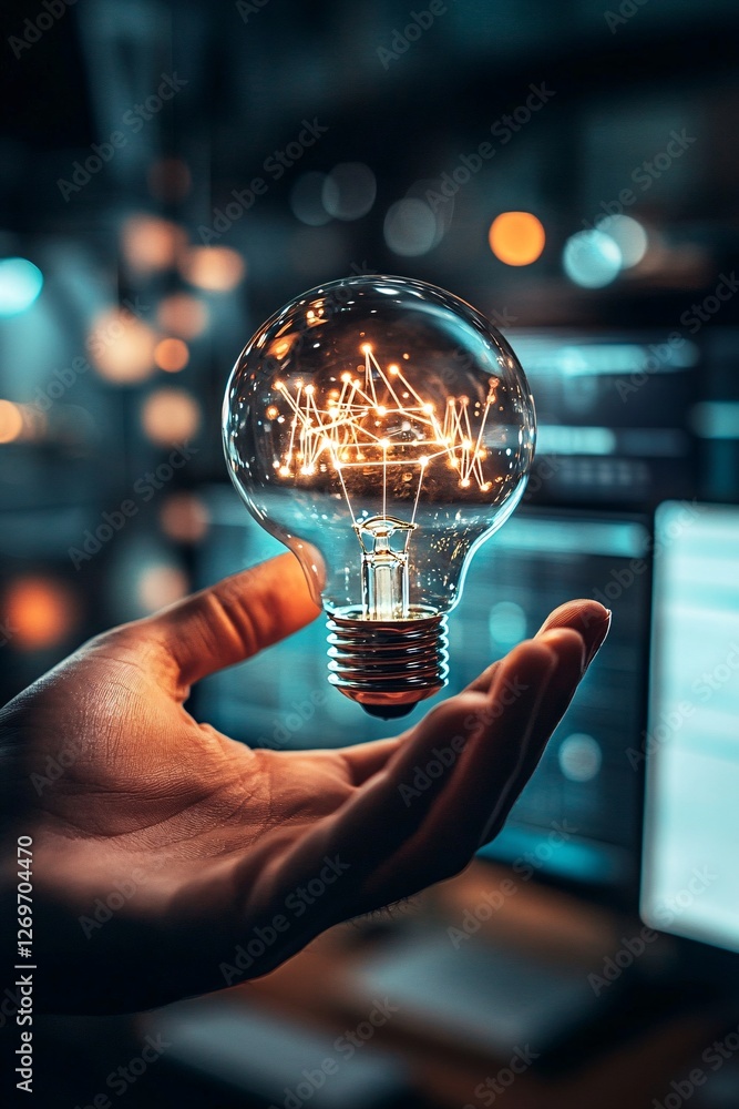 Poster Software developer holding illuminated light bulb with network connections inside