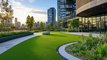 Modern Eco-Friendly Lawn in Urban Setting with City Skyline View