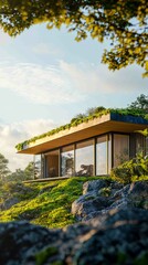 Fototapeta premium Modern Eco-Friendly Home with Green Roof Surrounded by Nature