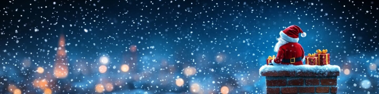 Santa Claus with gifts sitting on a chimney on a snowy Christmas night with blurred city lights.