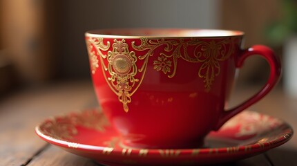 Fototapeta premium A vintage red teacup and saucer, adorned with intricate gold detailing, rests on a wooden table surrounded by scattered flower petals, bathed in warm sunlight